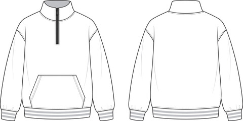 Quarter zip sweatshirt, pullover hoodie fashion flat sketch, front and back view, apparel design template, vector illustration, mens casual wear © MstFulmoti