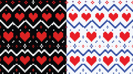 Pixel knit heart pattern background, seamless Scandinavian sweater design, retro winter textile, festive geometric ornament illustration for holiday fashion decor