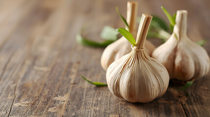 Fresh Garlic Bulbs With Green Leaves