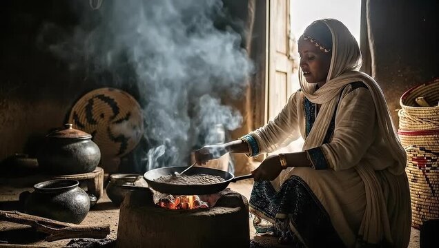 Ethiopian Woman Roasting Coffee Beans Over Open Fire in Traditional Kitchen