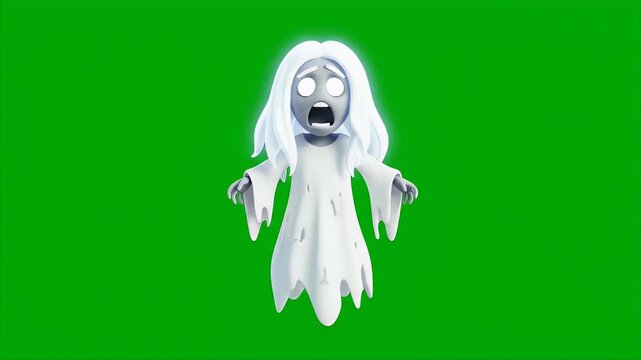 Cartoon Ghost Scaring Animated Character on Green Screen Background Ghostly Apparition with White Glowing Hair and