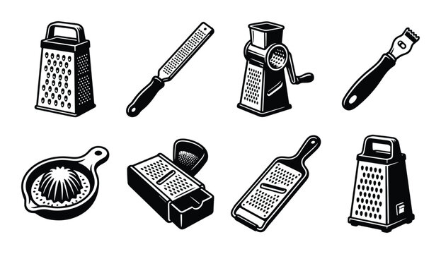 Kitchen graters vector illustration, various types of grating tools, cooking and food preparation black and white icons