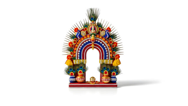 Vibrant and ornate Kavadi, beautifully decorated with peacock feathers and sacred pots, a traditional devotional offering for the Thaipusam festival