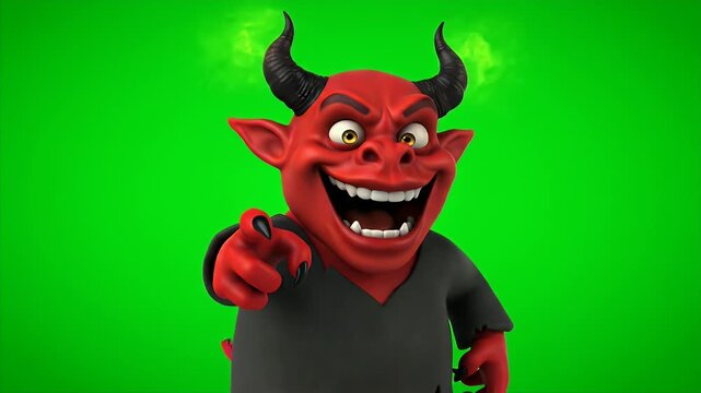 Cartoon Red Devil Character Smiling and Pointing on a Green Screen Background for Animated Halloween Content