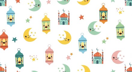 Fototapeta premium Cute Kawaii Seamless Islamic Pattern with Happy Moons, Lanterns, Mosques, and Stars for Ramadan and Eid Celebrations. Pastel Cartoon Vector Background for Kids Design.