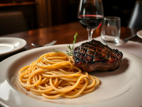 Espagueti gourmet acompa&ntilde;ado de bistec jugoso