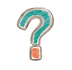 A colorful hand-drawn question mark symbol on a white background