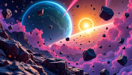 Obraz premium Vibrant Interplanetary Scene with Asteroids and Nebula Background