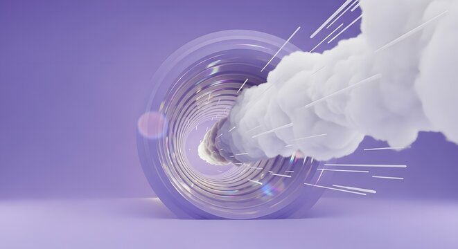 Minimal 3D violet gradient background with white clouds rushing from flared conical tunnel, Abstract cloud tunnel scene in soft purple tones with caustic reflections and parallax motion