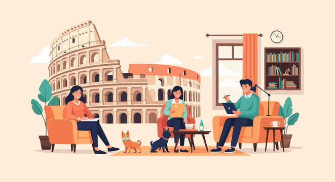 People and dogs relax inside with Colosseum view