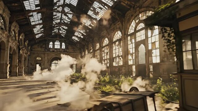 Dramatic explosion inside abandoned train station with smoke and debris.