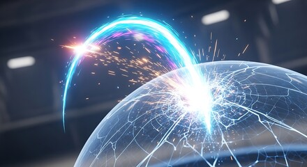 Futuristic Neon Arc Over Globe with Dynamic Sparks