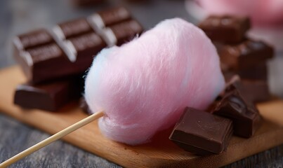 a close-up photo of cotton candy on a stick with chocolate all in the background