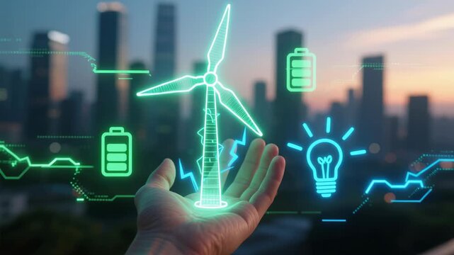 Green electric battery technology powers renewable energy storage system with high capacity power plant facility for sustainable future efficient energy use in futuristic cityscape concept