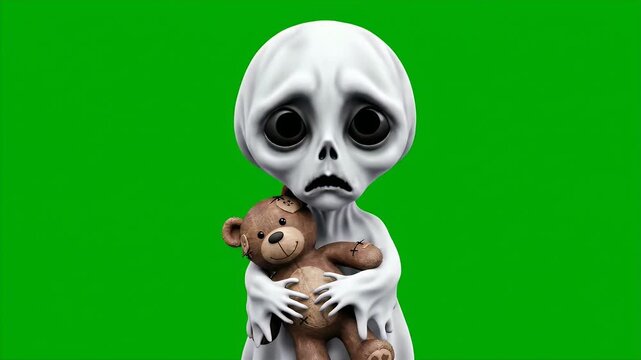Cartoonish Ghost with a Tearful Expression Holding a Teddy Bear Isolated on Green Screen Background for Halloween
