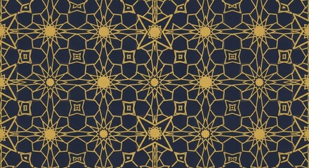 Elegant Golden Islamic Geometric Seamless Pattern on Dark Blue Background. Arabesque Ornament for Ramadan, Eid, and Middle Eastern Design.