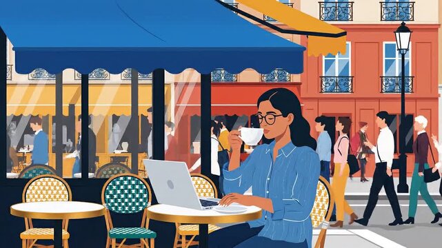 Young woman laptop working at Parisian outdoor cafe table while drinking coffee. flat design animation footage