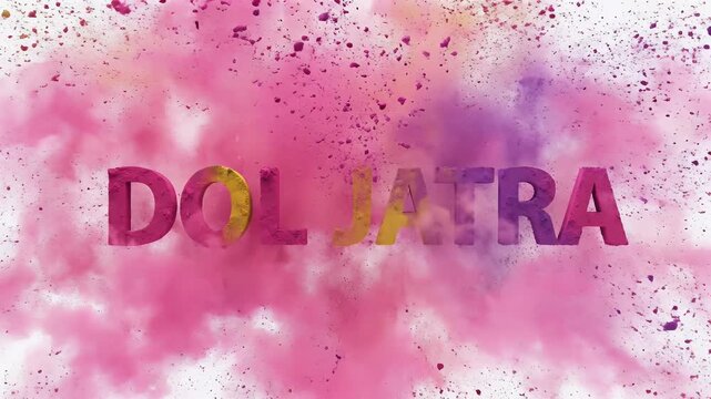 Dol Jatra Creative Typography Text in Exploding Pink Yellow Purple Powder Clouds