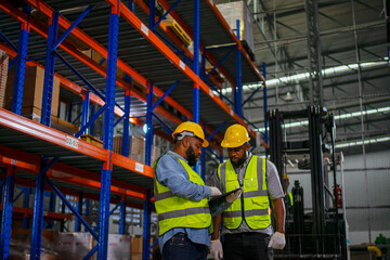 Blue collar workers are working at warehouse.