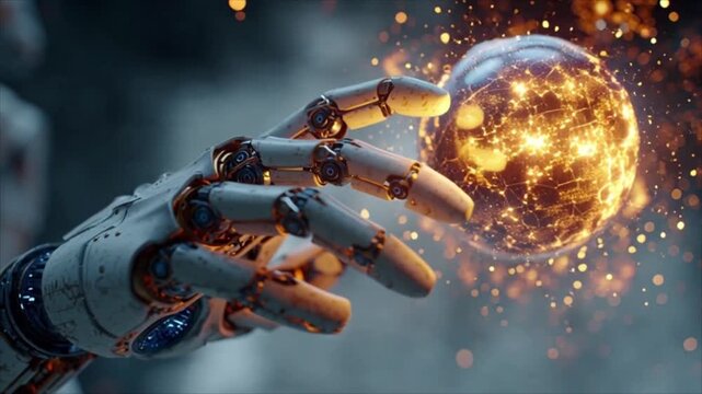 A robotic hand delicately holds a glowing orb of energy, symbolizing innovation and technological advancement
