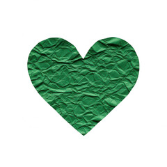 Vibrant green crumpled paper heart isolated on transparent background