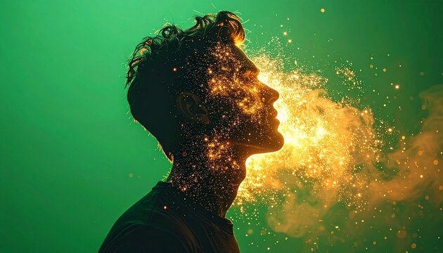 Human Silhouette Dissolving Into Golden Particles, Conceptual Art