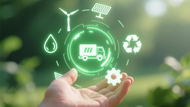 Green renewable energy technology electric battery storage system powers high capacity plant facility sustainable power solutions environmental care eco friendly icons nature background future concept