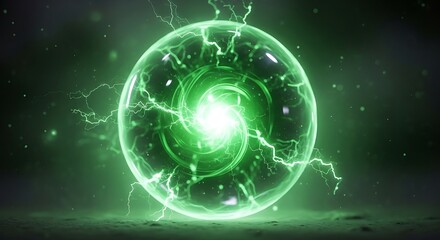 Glowing Green Portal Sphere with Electric Lightning in Dark Space
