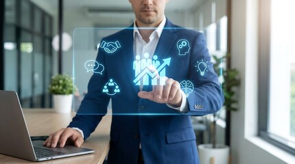 Businessman engaging with futuristic digital interface in a sleek modern office, symbolizing innovation and growth. Perfect for business strategy, technology and professional environments.