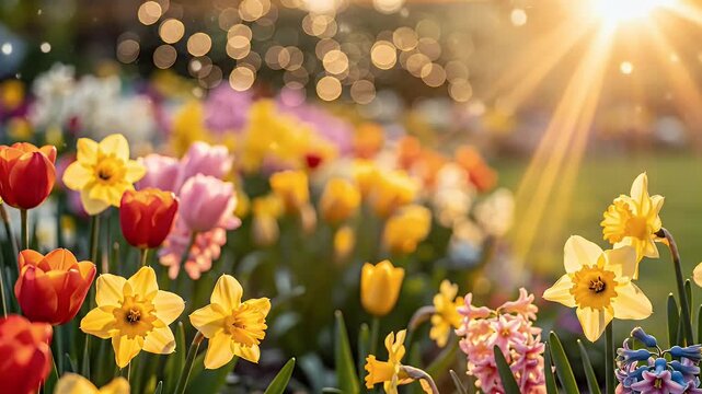 Easter Sunrise Garden Blurred Soft Bokeh Spring Flowers Cinematic Background