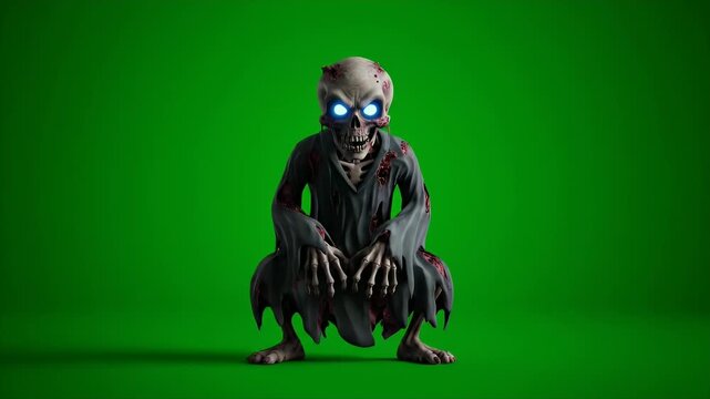 Creepy Walking Zombie with Glowing Blue Eyes on Isolated Green Screen Background Perfect for Halloween Animated Effects