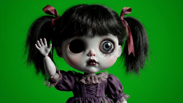 Creepy Doll with One Eye Waving Hand on Green Screen Background Halloween Horror