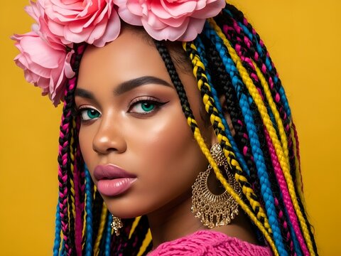 Vibrant, energetic high-fashion studio portrait of a confident black woman with multicolored box braids and a pink floral crown on a bright yellow backdrop.