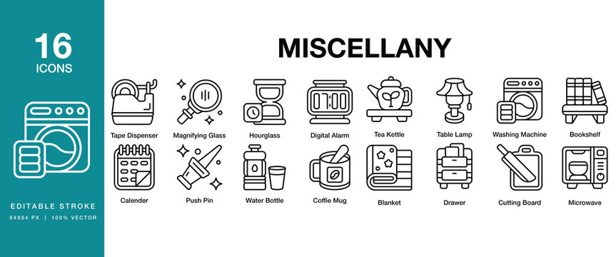Miscellany icon set. Includes miscellany, variety, assortment, collection, mixture, bundle and More. Editable Stroke Icon Collection.