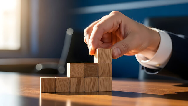 Businessman building wooden block tower on office desk