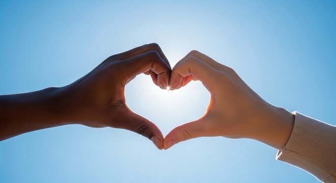Diverse hands forming a heart shape against a bright blue sky, symbolizing global unity and peace for the International Day of Peace concept
