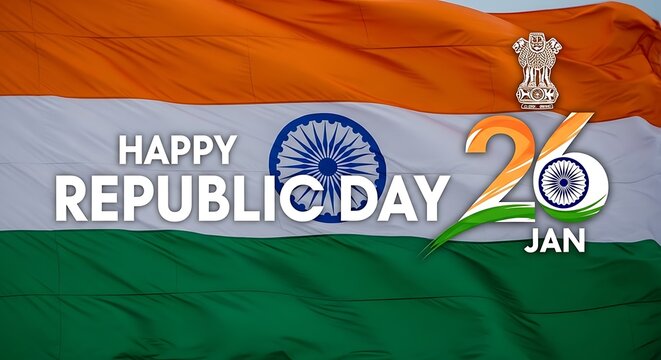 Waving Indian flag background featuring bold graphic text celebrating happy republic day on january twenty sixth honoring national pride and constitution history