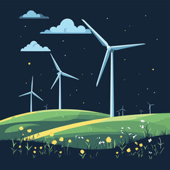 Fototapeta premium Wind turbines clean energy farm. Cloud sky green field. Green power sustainable solution. Simple line art dark background vector illustration , vector style simple color