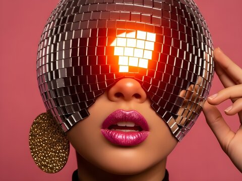 A glamorous close-up studio portrait of a model wearing a reflective disco ball visor and vibrant pink lipstick on a solid magenta background.