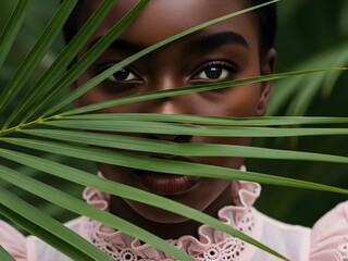 Obraz premium This lush green close-up portrait captures a mysterious young black woman looking intensely from behind a sharp palm frond in a tropical location.