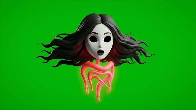 Floating Avatar with Black Hair and Glowing Tendrils on Green Screen Backdrop Haunting Animation for Digital