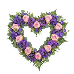 Elegant heart-shaped floral arrangement with pink roses and purple flowers isolated on transparent background