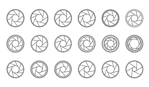 Linear camera lens aperture and shutter icon vector collection isolated on transparent background