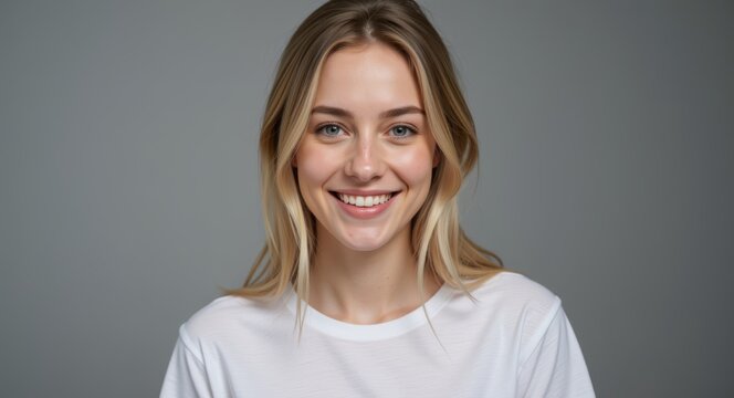 Freundliche junge Frau mit blondem Haar und wei&szlig;em T-Shirt vor neutralem Hintergrund, nat&uuml;rliches Portrait mit offenem L&auml;cheln f&uuml;r Lifestyle-, Business- und Werbekonzepte