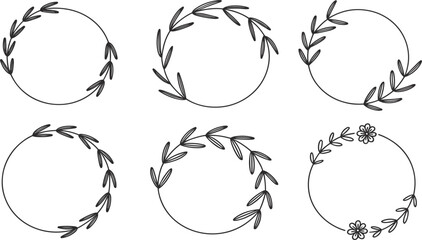 Hand drawn floral wreath and leaf branch circle border vector icon set for wedding invitation ornament © Billal