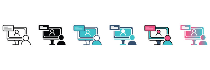 Set of icons illustrating online video calls, virtual meetings, and remote communication between individuals using a computer monitor.