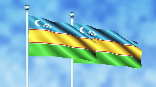 Karakalpakstan National Flag Waving on Flagpole, Seamless Loop, Realistic 3D Animation