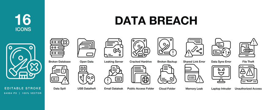 Data Breach icon set. Includes data, breach, cyber, attack, hacking, leak, exposure and More. Editable Stroke Icon Collection.