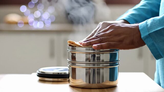 Close up of Hands Stacking Freshly Cooked Chapati Flatbread into a Shiny Stainless Steel Tiffin Lunch Box with Steam Rising in a Home Kitchen Environment