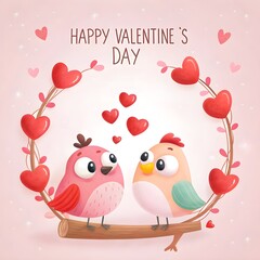 Cute Love Birds Valentine&rsquo;s Day Illustration with Heart Frame
